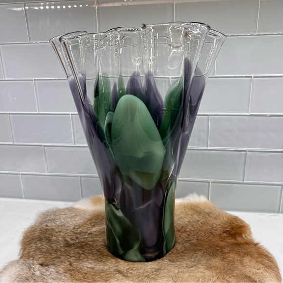 Hand Blown Art Glass Ruffled Swung Vase Abstract Green & Purple Fusion - Picture 3 of 16